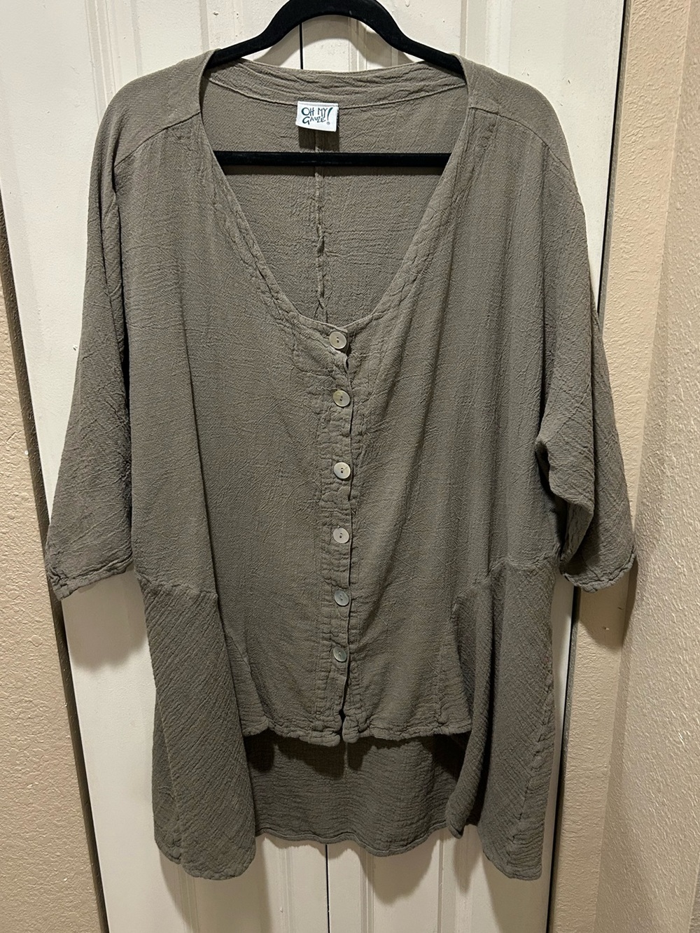 Oh My Gauze!  Lagenlook Asymmetrical Crinkle Artsy Tunic Blouse , Large
